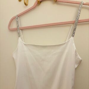 Satin Dress with Silver Glitter Stone Like Deco Shoulder Cami Style